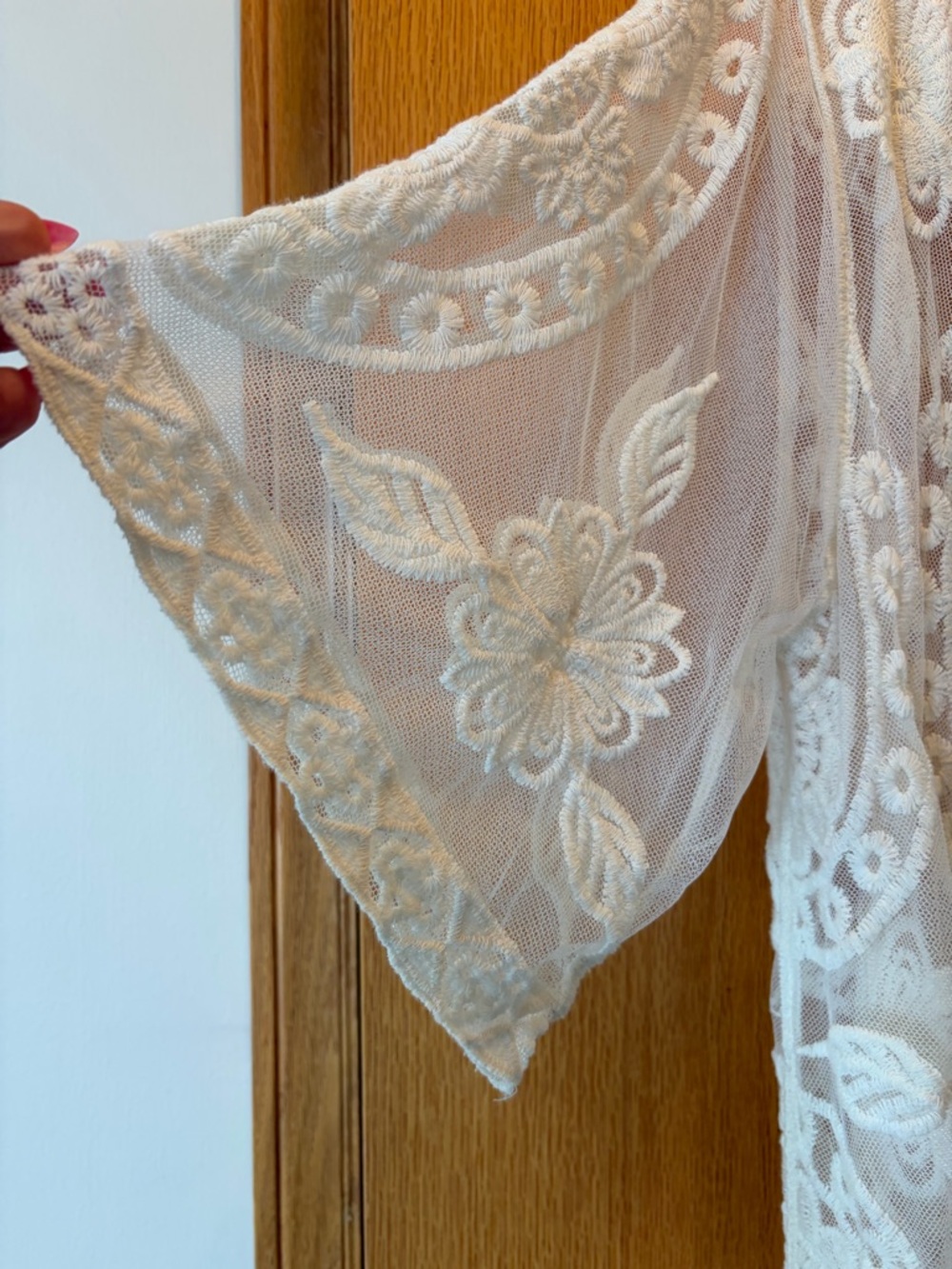 #608 White Lace Crochet Swim Coverup Kimono - Picture 3 of 8